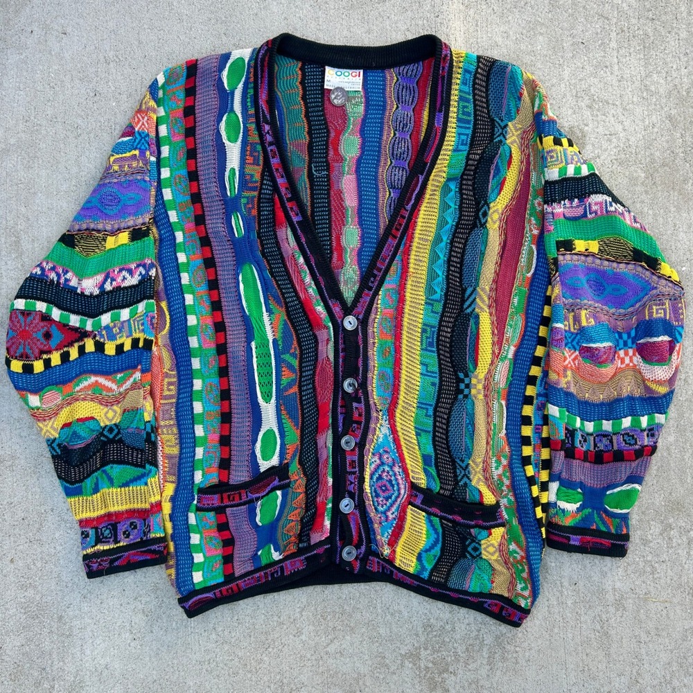 COOGI Australia Cardigan Sweater Medium Multicolor 3D Knit Vintage 90s Cotton